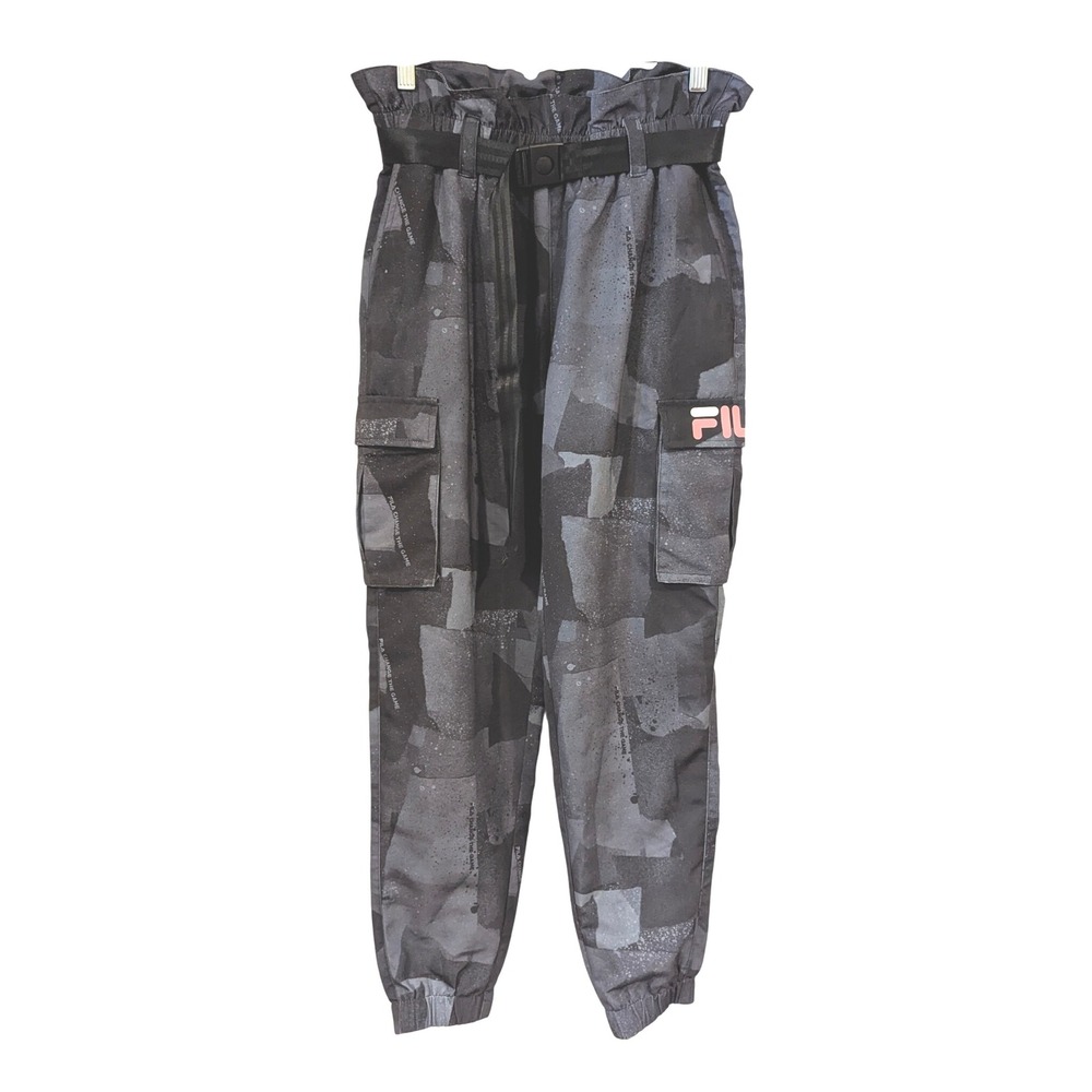 Fila Fusion Camo Cargo Pants Medium Paperbag Waist‎ Black Belted Athleisure